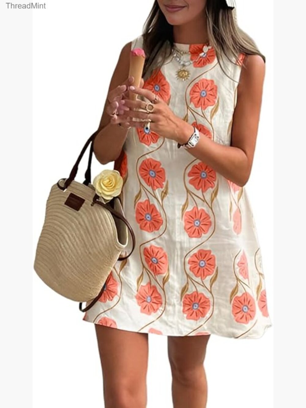Sleeveless Floral Short Shift Dress Scoop Neck A-Line Cotton Linen Summer Mini - Picture 1 of 7